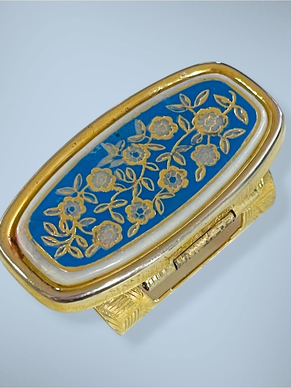 Vintage MidCentury Gold Tone and Blue Enamel Floral Lipstick Holder Mirror Case - Picture 6 of 14